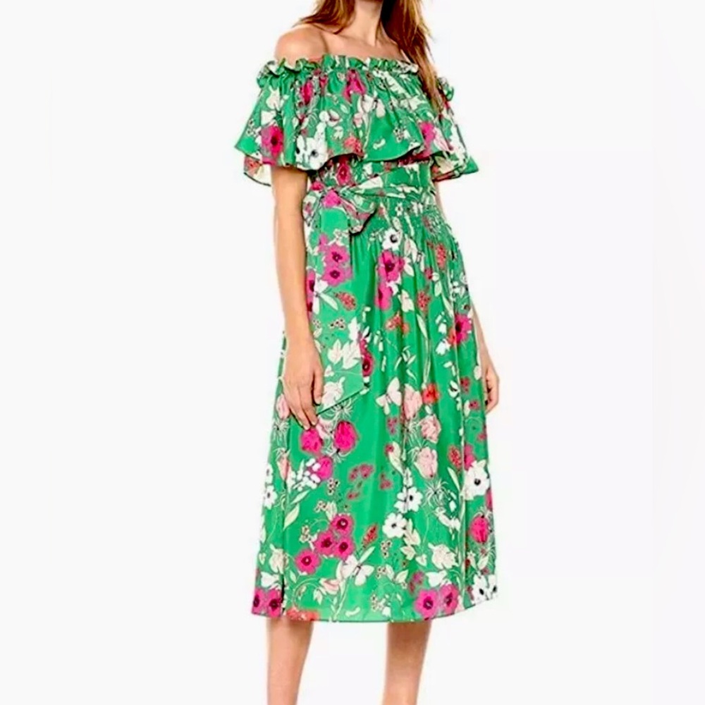 Eliza J Womens Smocked Off Shoulder Floral Dress Green Pink Size 14 Tie Waist